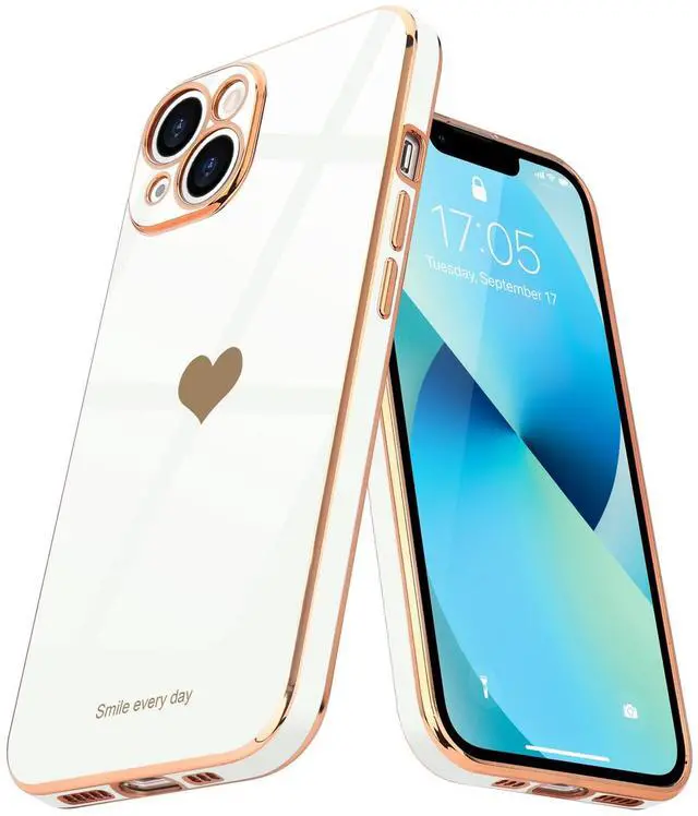 Main image of Compatible with iPhone 13 Case for Women Girl Cute Love-Heart Luxury Bling Plating Soft Back Cover Raised Full Camera Protection Bumper Silicone Shockproof Phone Case for iPhone 13, White