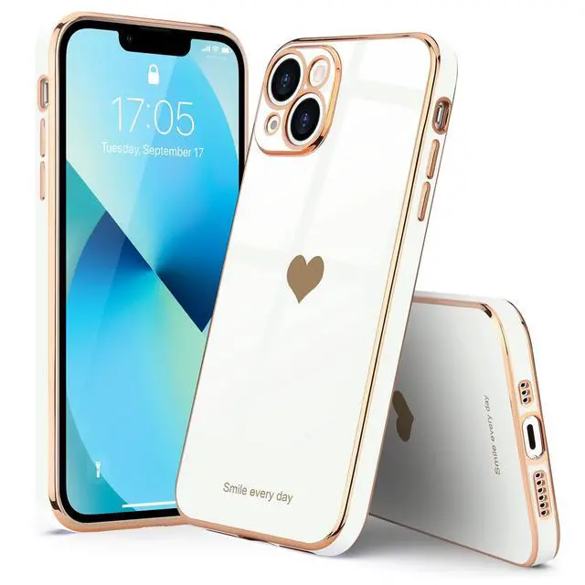 Alt view image 7 of 7 - Compatible with iPhone 13 Case for Women Girl Cute Love-Heart Luxury Bling Plating Soft Back Cover Raised Full Camera Protection Bumper Silicone Shockproof Phone Case for iPhone 13, White