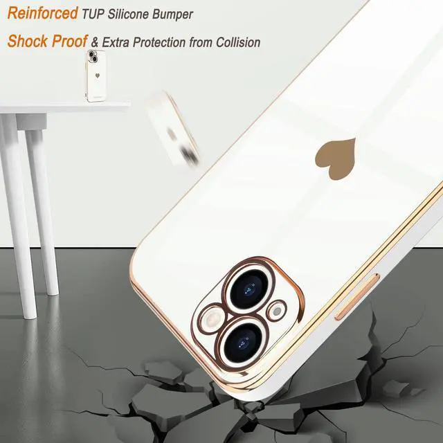 Alt view image 5 of 7 - Compatible with iPhone 13 Case for Women Girl Cute Love-Heart Luxury Bling Plating Soft Back Cover Raised Full Camera Protection Bumper Silicone Shockproof Phone Case for iPhone 13, White