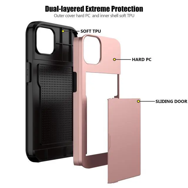 Alt view image 3 of 7 - for iPhone 13 Case with Card Holder Heavy Duty Protective Dual Layer Shockproof Hidden Card Slot Slim Wallet Case for iPhone 13 for Women&Men(Rose Gold)
