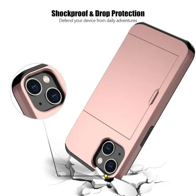 Alt view image 5 of 7 - for iPhone 13 Case with Card Holder Heavy Duty Protective Dual Layer Shockproof Hidden Card Slot Slim Wallet Case for iPhone 13 for Women&Men(Rose Gold)