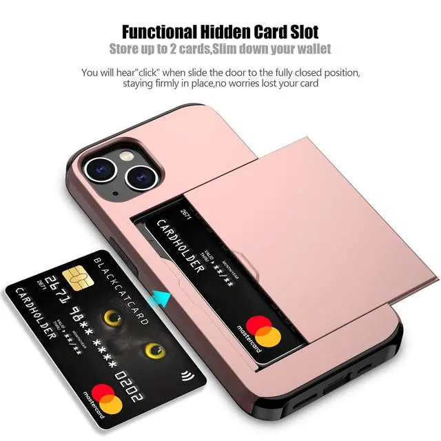 Alt view image 2 of 7 - for iPhone 13 Case with Card Holder Heavy Duty Protective Dual Layer Shockproof Hidden Card Slot Slim Wallet Case for iPhone 13 for Women&Men(Rose Gold)