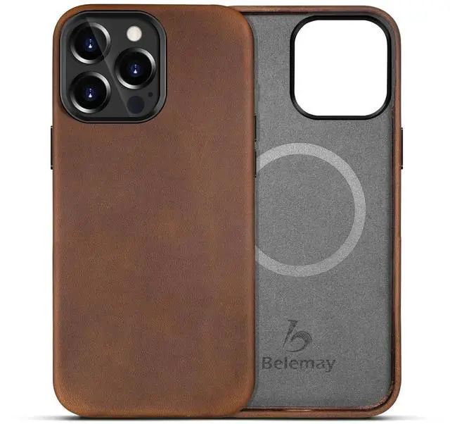 Main image of Compatible with iPhone 14 Pro Leather Case Magsafe - Top Grain Vintage Crazy Horse Leather - Metal Buttons & Camera Bezel Bump - Slim Fit & Soft - Premium Phone Cover (6.1-inch) Retro Brown