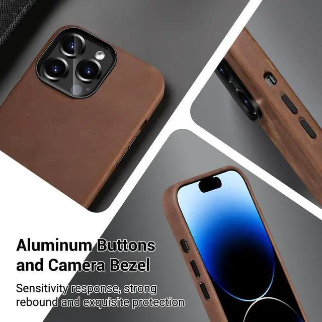Alt view image 3 of 7 - Compatible with iPhone 14 Pro Leather Case Magsafe - Top Grain Vintage Crazy Horse Leather - Metal Buttons & Camera Bezel Bump - Slim Fit & Soft - Premium Phone Cover (6.1-inch) Retro Brown