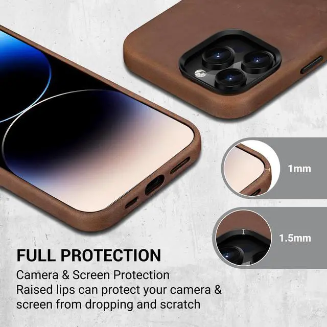 Alt view image 4 of 7 - Compatible with iPhone 14 Pro Leather Case Magsafe - Top Grain Vintage Crazy Horse Leather - Metal Buttons & Camera Bezel Bump - Slim Fit & Soft - Premium Phone Cover (6.1-inch) Retro Brown