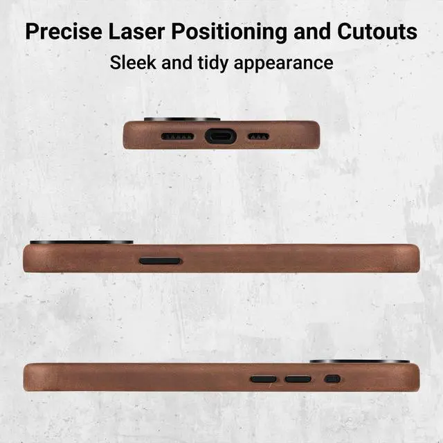 Alt view image 5 of 7 - Compatible with iPhone 14 Pro Leather Case Magsafe - Top Grain Vintage Crazy Horse Leather - Metal Buttons & Camera Bezel Bump - Slim Fit & Soft - Premium Phone Cover (6.1-inch) Retro Brown