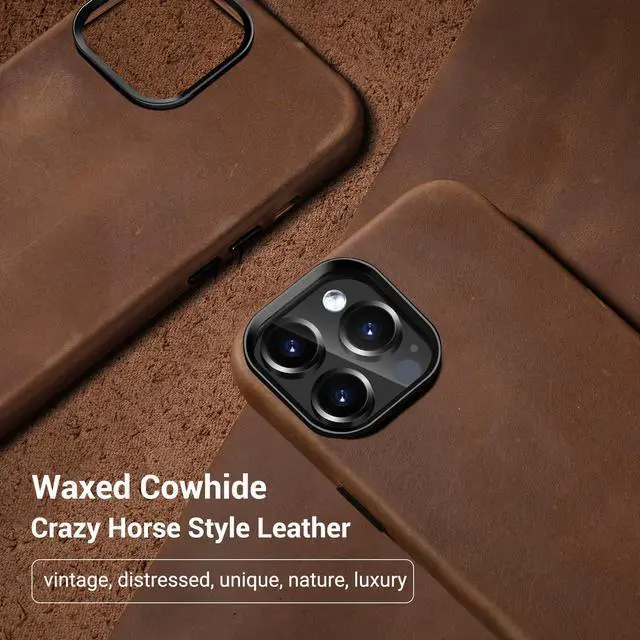 Alt view image 2 of 7 - Compatible with iPhone 14 Pro Leather Case Magsafe - Top Grain Vintage Crazy Horse Leather - Metal Buttons & Camera Bezel Bump - Slim Fit & Soft - Premium Phone Cover (6.1-inch) Retro Brown