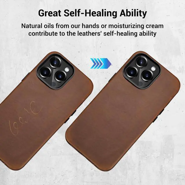 Alt view image 6 of 7 - Compatible with iPhone 14 Pro Leather Case Magsafe - Top Grain Vintage Crazy Horse Leather - Metal Buttons & Camera Bezel Bump - Slim Fit & Soft - Premium Phone Cover (6.1-inch) Retro Brown