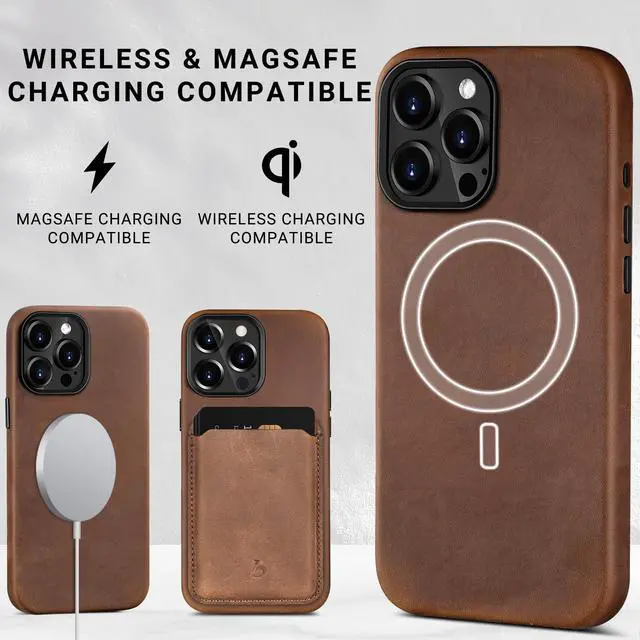 Alt view image 7 of 7 - Compatible with iPhone 14 Pro Leather Case Magsafe - Top Grain Vintage Crazy Horse Leather - Metal Buttons & Camera Bezel Bump - Slim Fit & Soft - Premium Phone Cover (6.1-inch) Retro Brown