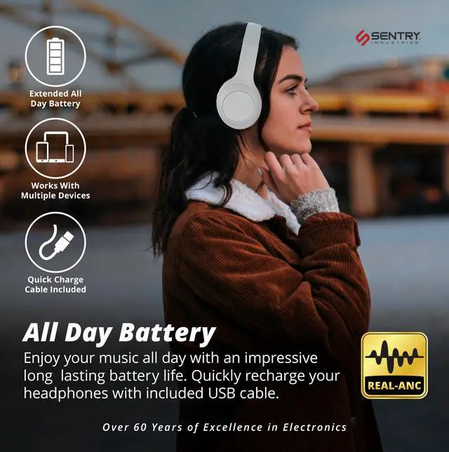 Alt view image 2 of 7 - OSH Over Ear Bluetooth Wireless Headphones, Active Noise Canceling -20dB Reduction, 22 Hour Battery Life, Control Buttons, Built in Microphone, USB C Charging and Carrying Case Included (White)