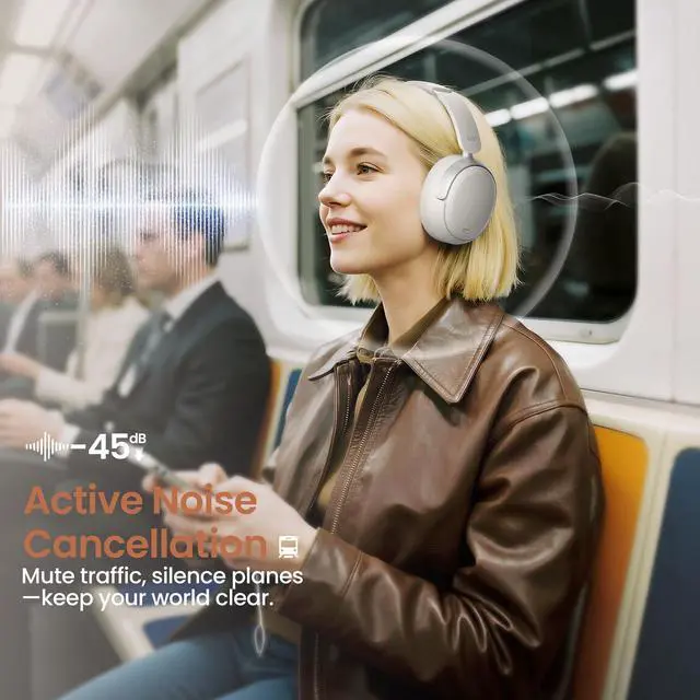 Alt view image 2 of 6 - OHR516 Active Noise Cancelling Headphones, Over Ear Wireless Bluetooth, 60H Playtime, 40mm Drivers, Low-Latency Mode, ENC Clear Calls, Foldable Comfortable Design (White)