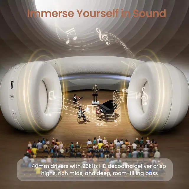 Alt view image 3 of 6 - OHR516 Active Noise Cancelling Headphones, Over Ear Wireless Bluetooth, 60H Playtime, 40mm Drivers, Low-Latency Mode, ENC Clear Calls, Foldable Comfortable Design (White)