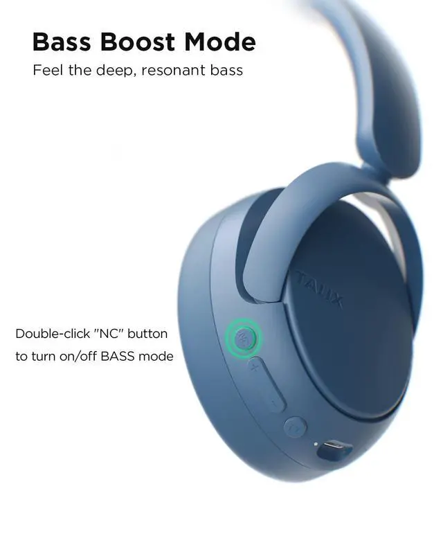 Alt view image 6 of 7 - H30 Hybrid Active Noise Cancelling Headphones, 110H Playtime Hi-Res Audio Bluetooth 6.0 Wireless Over Ear ANC Headphones for Commute/Travel (Blue)