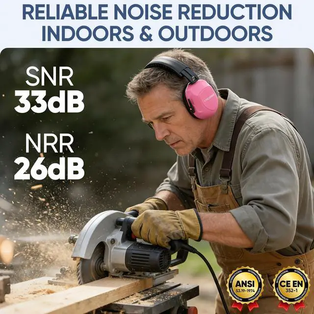 Alt view image 2 of 7 - Noise Cancelling Ear Muffs for Adults, SNR 33dB Hearing Protection, Adjustable Safety Earmuffs for hunting, Construction (Soft Pink)