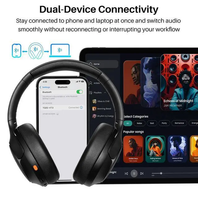 Alt view image 6 of 7 - HT3 Hybrid Noise Cancelling Headphones, 90H Battery Life Wireless Over Ear Bluetooth 6.0 Foldable Headset, AI Voice Assistant with 5 Mics, Connect 2 Devices and Hi-Res Sound, 32 EQ Audio Presets