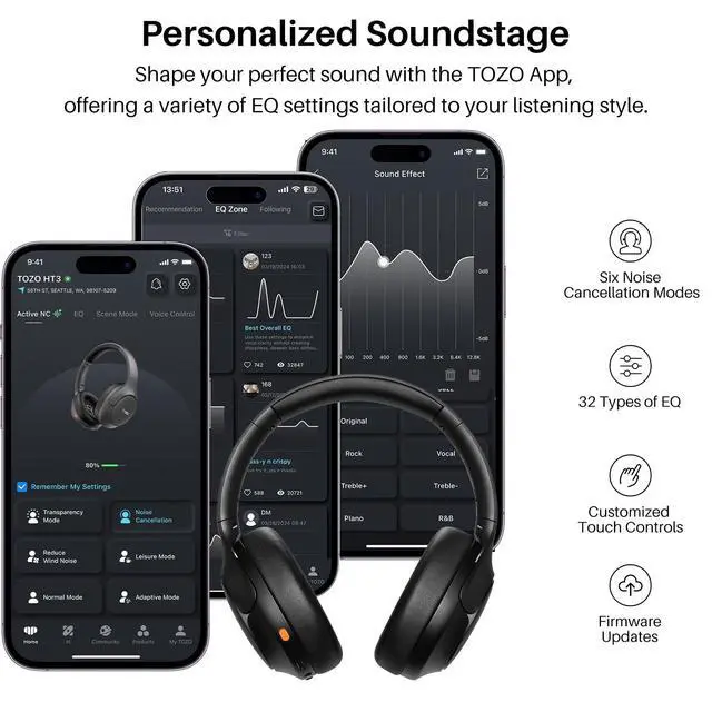 Alt view image 7 of 7 - HT3 Hybrid Noise Cancelling Headphones, 90H Battery Life Wireless Over Ear Bluetooth 6.0 Foldable Headset, AI Voice Assistant with 5 Mics, Connect 2 Devices and Hi-Res Sound, 32 EQ Audio Presets