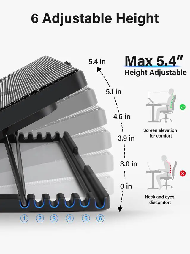 Alt view image 3 of 7 - Laptop Cooling Pad, Laptop Cooler with 5 Quiet Fans for 12"-17" Computer PC Notebook Gaming Laptop Fan, Height Adjustable Laptop Cooling Stand Laptop Accessories (Multi Colors)