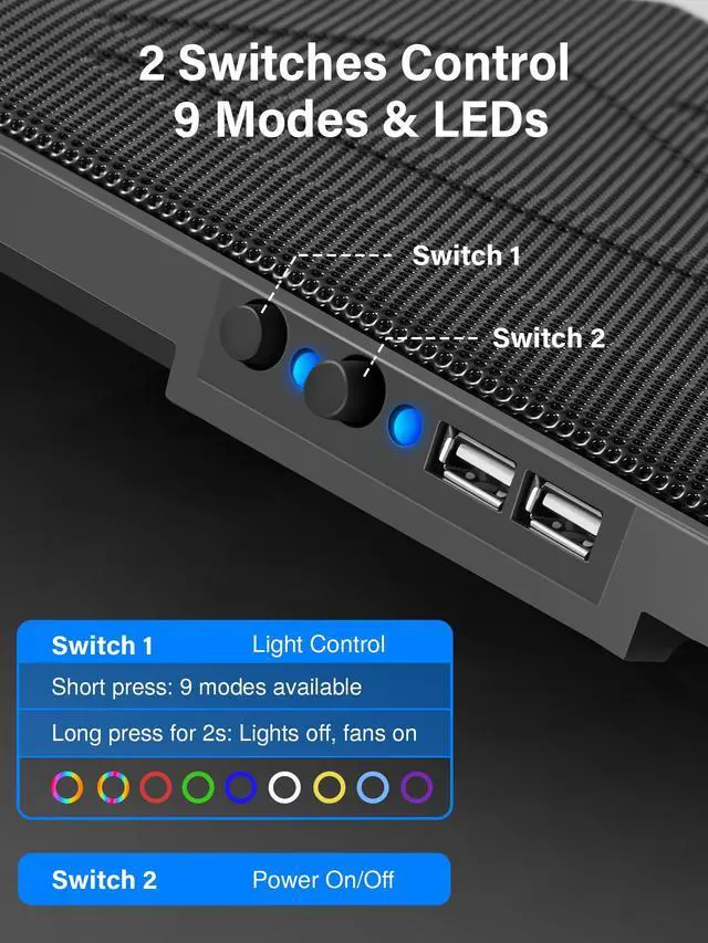 Alt view image 4 of 7 - Laptop Cooling Pad, Laptop Cooler with 5 Quiet Fans for 12"-17" Computer PC Notebook Gaming Laptop Fan, Height Adjustable Laptop Cooling Stand Laptop Accessories (Multi Colors)