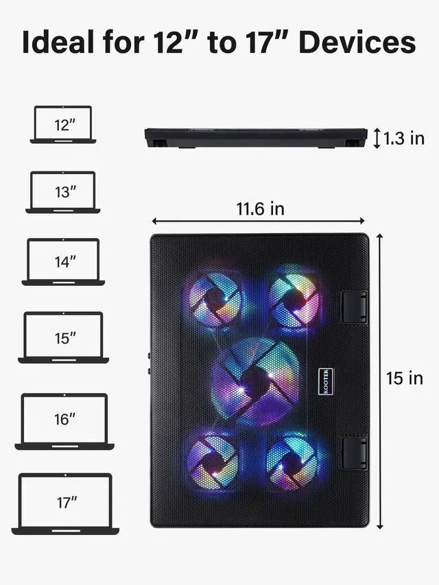 Alt view image 7 of 7 - Laptop Cooling Pad, Laptop Cooler with 5 Quiet Fans for 12"-17" Computer PC Notebook Gaming Laptop Fan, Height Adjustable Laptop Cooling Stand Laptop Accessories (Multi Colors)