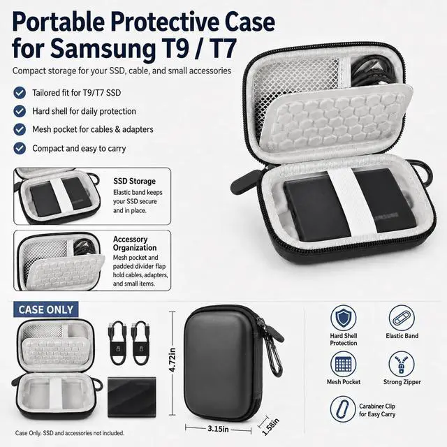 Alt view image 2 of 7 - Carrying Case for Samsung T9/T7/T7 Shield Portable SSD 4TB 2TB 1TB, Hard Travel Storage Holder for USB External Solid State Drive, for Photo, Office and Gaming-Grey, Case Only