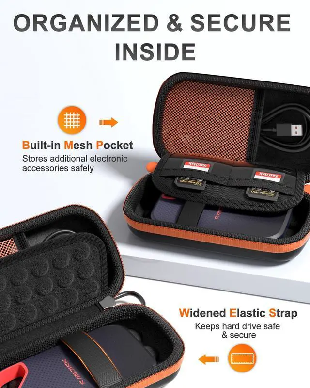 Alt view image 5 of 7 - Hard Case for SanDisk Extreme Portable SSD (New/Old Model), Extreme Pro Portable SSD, 500GB 1TB 2TB 4TB 8TB USB-C Solid State Drive, EVA Shockproof Travel Case with 2 SD Card Slots-OrangeBlack
