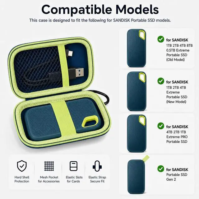Alt view image 2 of 7 - SSD Case for SanDisk Extreme Portable SSD & Extreme PRO, Hard Shell Protective Storage Bag with Carabiner, Fits 1TB 2TB 4TB 8TB External Solid State Drive for Business Travel (Green)