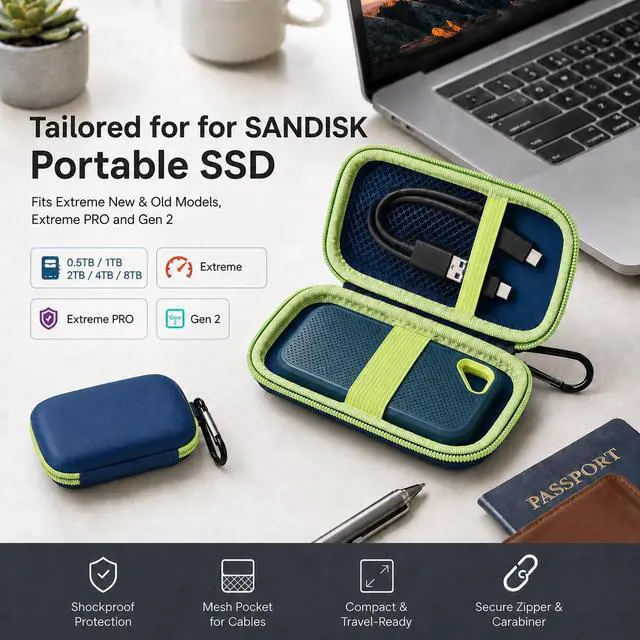 Alt view image 3 of 7 - SSD Case for SanDisk Extreme Portable SSD & Extreme PRO, Hard Shell Protective Storage Bag with Carabiner, Fits 1TB 2TB 4TB 8TB External Solid State Drive for Business Travel (Green)