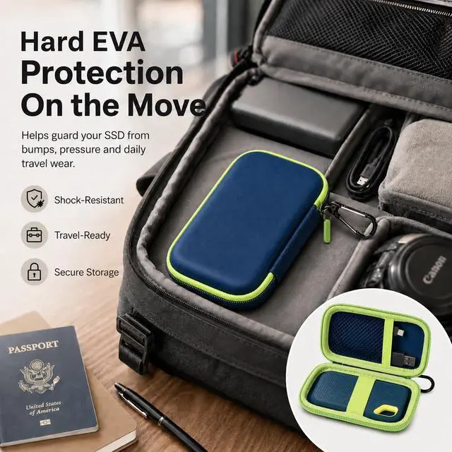 Alt view image 5 of 7 - SSD Case for SanDisk Extreme Portable SSD & Extreme PRO, Hard Shell Protective Storage Bag with Carabiner, Fits 1TB 2TB 4TB 8TB External Solid State Drive for Business Travel (Green)