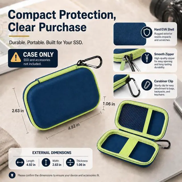 Alt view image 4 of 7 - SSD Case for SanDisk Extreme Portable SSD & Extreme PRO, Hard Shell Protective Storage Bag with Carabiner, Fits 1TB 2TB 4TB 8TB External Solid State Drive for Business Travel (Green)
