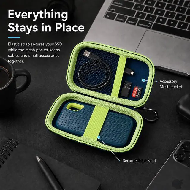 Alt view image 7 of 7 - SSD Case for SanDisk Extreme Portable SSD & Extreme PRO, Hard Shell Protective Storage Bag with Carabiner, Fits 1TB 2TB 4TB 8TB External Solid State Drive for Business Travel (Green)
