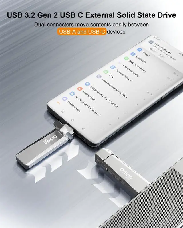 Alt view image 2 of 7 - 256G External Portable SSD USB Solid State Drive, Up to 1000MB/s 3.2 Gen 2 Solid State, Type C + USB A Dual Drive for Phone/Android Laptops/Windows/Mac, Silver