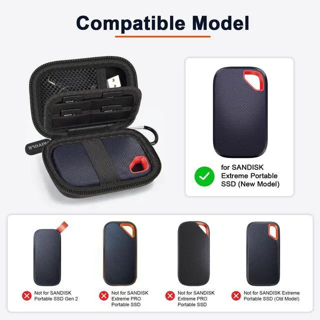 Alt view image 2 of 7 - Case for SanDisk Extreme Portable SSD & Extreme PRO, Hard Shell Protective Storage Bag with Carabiner, Fits 1TB 2TB 4TB 8TB External Solid State Drive (Black, for Sandisk V3)