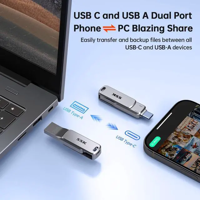 Alt view image 4 of 7 - 256GB Dual USB Flash Drive USB C Thumb Drive, up to 220 MB/s Type-C and USB-A 3.2 FlashDrive Memory Stick, Zinc Pendrive for iPhone 15/16Pro/Win/Android OTG