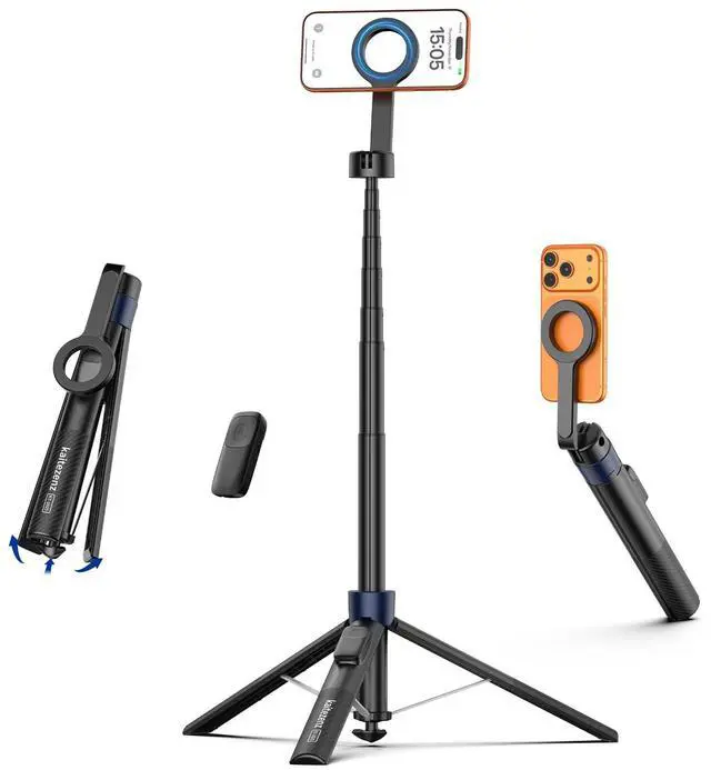 Main image of Auto-Open Magnetic Selfie Stick Tripod for iPhone MagSafe, 71" Cell Phone Tirpod Stand with Metal Ring & Rechargeable Remote for Video Recording Vlogging Black