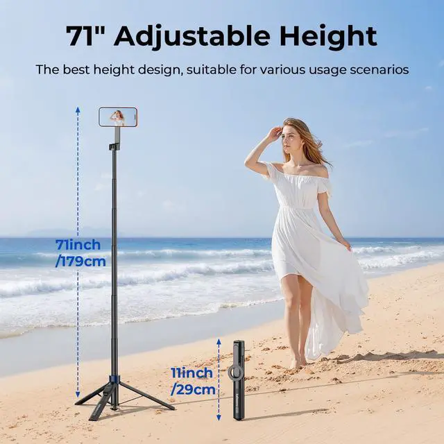 Alt view image 5 of 7 - Auto-Open Magnetic Selfie Stick Tripod for iPhone MagSafe, 71" Cell Phone Tirpod Stand with Metal Ring & Rechargeable Remote for Video Recording Vlogging Black