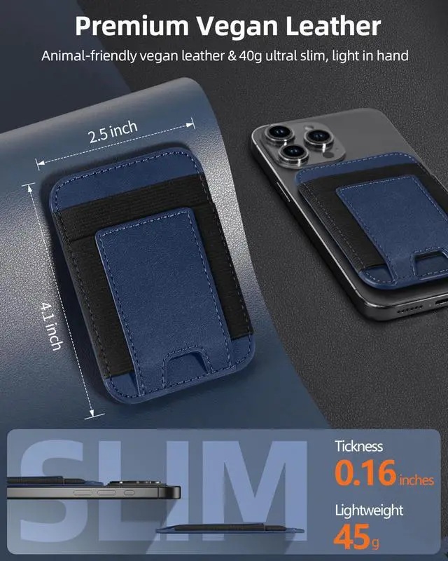 Alt view image 7 of 7 - Upgraded for Magsafe Wallet, Strongest Magnetic Wallet, for iPhone Walle t Magsafe with 2 Card Slots, Magnetic Card Holder for iPhone 17/16/15/14/13/12 Series, Vegan Leather, Fit 7 Cards, Navy Blue