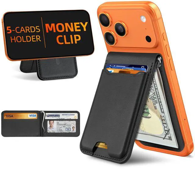 Main image of For Magsafe Wallet with Money Clip, Strongest Magnetic Wallet for iPhone 17/16/15/14/13/12 Series, Adjustable Stand, ID Window, 5 Card Holder, RFID Blocking, Not for 13/12 Mini, Black