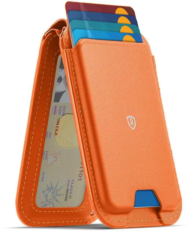 Main image of Genuine Leather Card Holder for Phone, Strong Magnetic Wallet for MagSafe with Adjustable Stand, RFID Blocking Mag Wallet for iPhone 17/17e/16/15/14/13/12/Pro/Max/Air/Plus Men Women - Orange