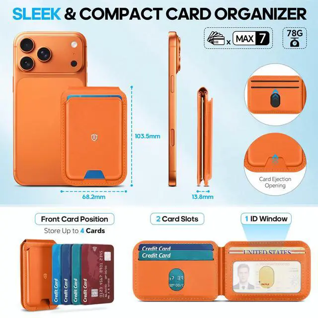 Alt view image 3 of 7 - Genuine Leather Card Holder for Phone, Strong Magnetic Wallet for MagSafe with Adjustable Stand, RFID Blocking Mag Wallet for iPhone 17/17e/16/15/14/13/12/Pro/Max/Air/Plus Men Women - Orange