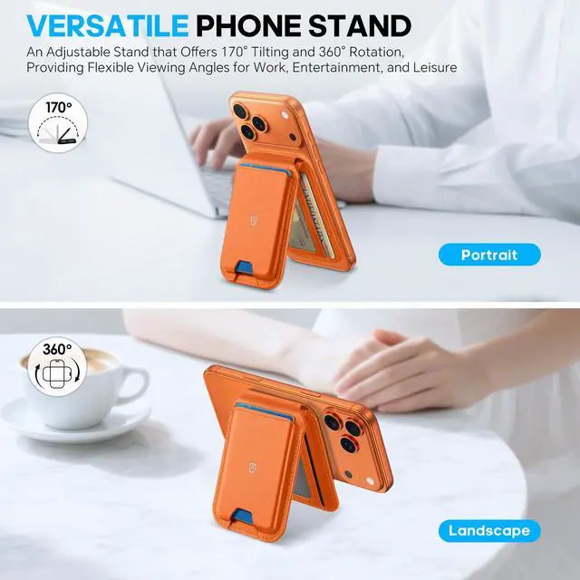 Alt view image 4 of 7 - Genuine Leather Card Holder for Phone, Strong Magnetic Wallet for MagSafe with Adjustable Stand, RFID Blocking Mag Wallet for iPhone 17/17e/16/15/14/13/12/Pro/Max/Air/Plus Men Women - Orange