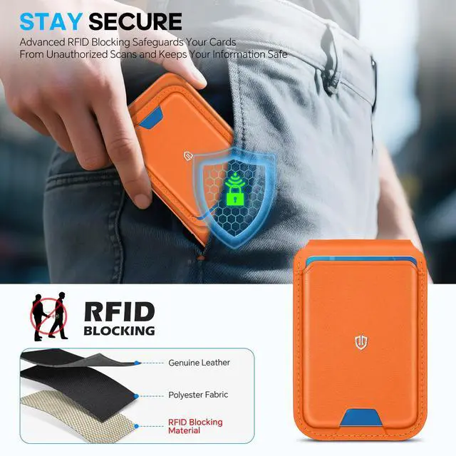 Alt view image 6 of 7 - Genuine Leather Card Holder for Phone, Strong Magnetic Wallet for MagSafe with Adjustable Stand, RFID Blocking Mag Wallet for iPhone 17/17e/16/15/14/13/12/Pro/Max/Air/Plus Men Women - Orange