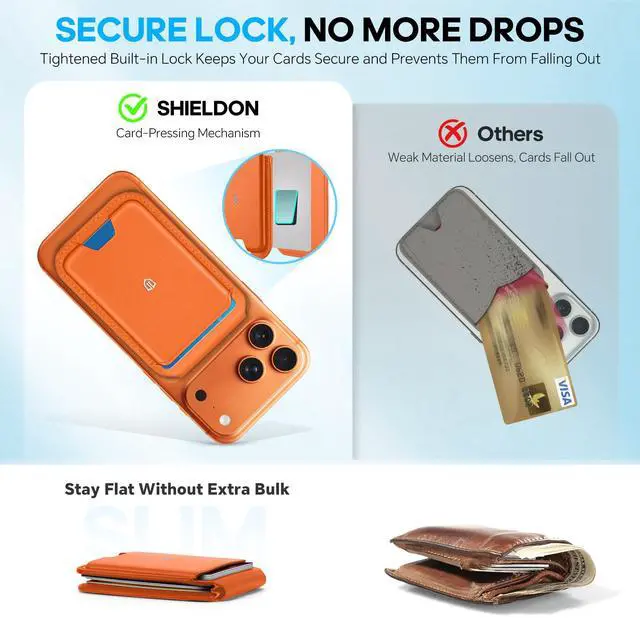 Alt view image 7 of 7 - Genuine Leather Card Holder for Phone, Strong Magnetic Wallet for MagSafe with Adjustable Stand, RFID Blocking Mag Wallet for iPhone 17/17e/16/15/14/13/12/Pro/Max/Air/Plus Men Women - Orange