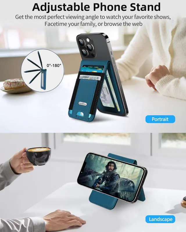 Alt view image 2 of 7 - For Magsafe Wallet Stand, Strongest Magnetic Phone Wallet, Leather Magnetic Card Holder Wallet for iPhone 17/16/15/14/13/12 Series, ID Window, 4 Card Slots, Hold 10 Cards, RFID Blocking, Blue