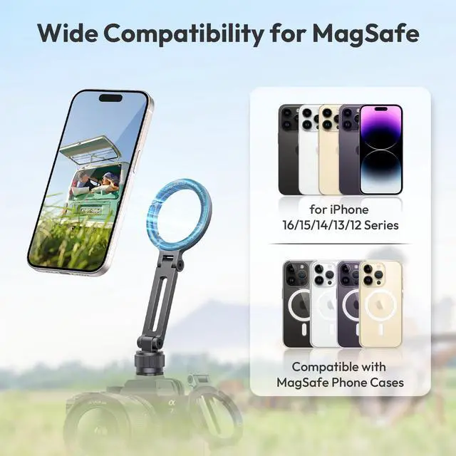 Alt view image 3 of 7 - MA07 Magnetic Phone Tripod Mount for Magsafe, Aluminum Camera Phone Mount with 1/4" Screw, Cold Shoe Magnetic Tripod for Camera, Copatibale with iPhone 17/16/15/14/13/12 Series
