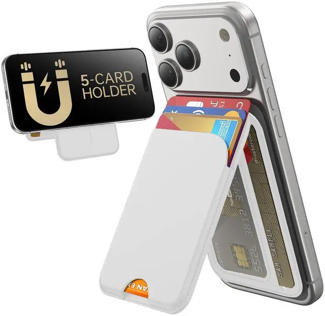 Main image of for MagSafe Wallet, 5 Cards Holder with Stand, Magnetic Phone Wallet Stand for iPhone 17/16/15/14/13/12 Pro Max Air Plus Series, RFID Blocking Vegan Leather,White