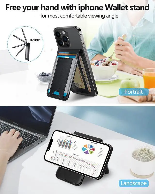Alt view image 3 of 7 - 2-in-1 Magsafe Wallet, Adjustable Stand, Open ID Window, Magnetic Wallet for iPhone 17/16/15/14 Pro Max/14 Pro/14 Plus/13/12 Series, 9 Cards Holder, Vegan Leather, Black