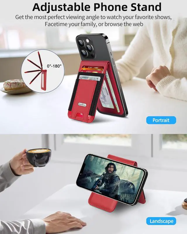 Alt view image 2 of 7 - For Magsafe Wallet Stand, Strongest Magnetic Wallet for iPhone 17/16/15/14/13/12 Series, Magnetic Card Holder with Adjustable Stand, ID Window, 10 Cards Holder, Vegan Leather, RFID Blocking, Red