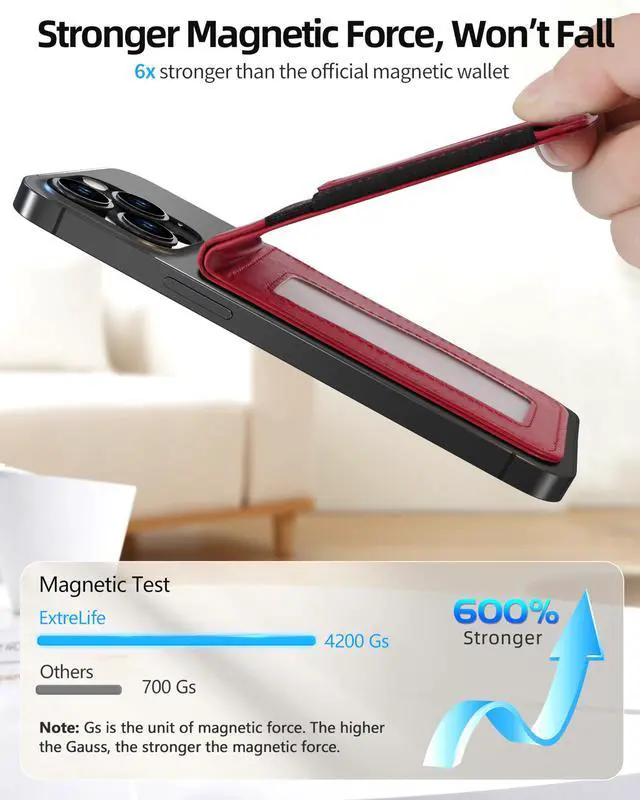 Alt view image 3 of 7 - For Magsafe Wallet Stand, Strongest Magnetic Wallet for iPhone 17/16/15/14/13/12 Series, Magnetic Card Holder with Adjustable Stand, ID Window, 10 Cards Holder, Vegan Leather, RFID Blocking, Red