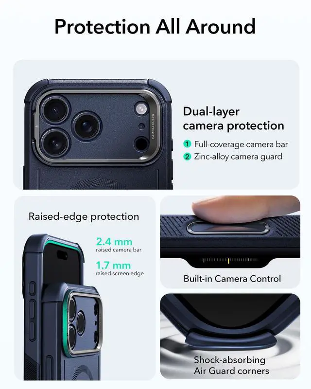 Alt view image 3 of 6 - for iPhone 17 Pro Phone Case with Stand, 23ft Military-Grade Drop Protection with Camera Control, Shock-Absorbing Rugged Cover, Compatible with MagSafe Accessories, Cyber Series, Blue