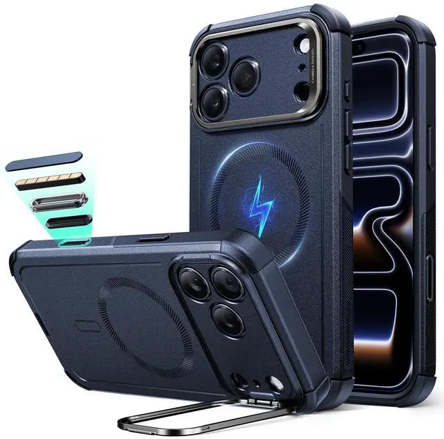 Main image of for iPhone 17 Pro Phone Case with Stand, 23ft Military-Grade Drop Protection with Camera Control, Shock-Absorbing Rugged Cover, Compatible with MagSafe Accessories, Cyber Series, Blue